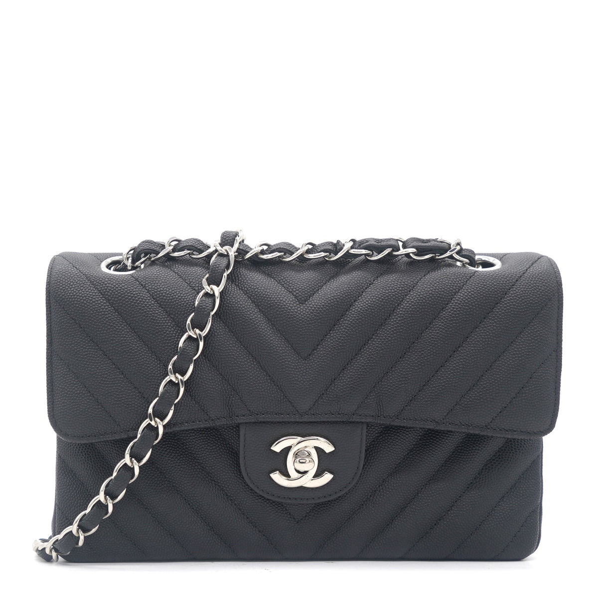 Caviar Chevron Quilted Small Double Flap Black