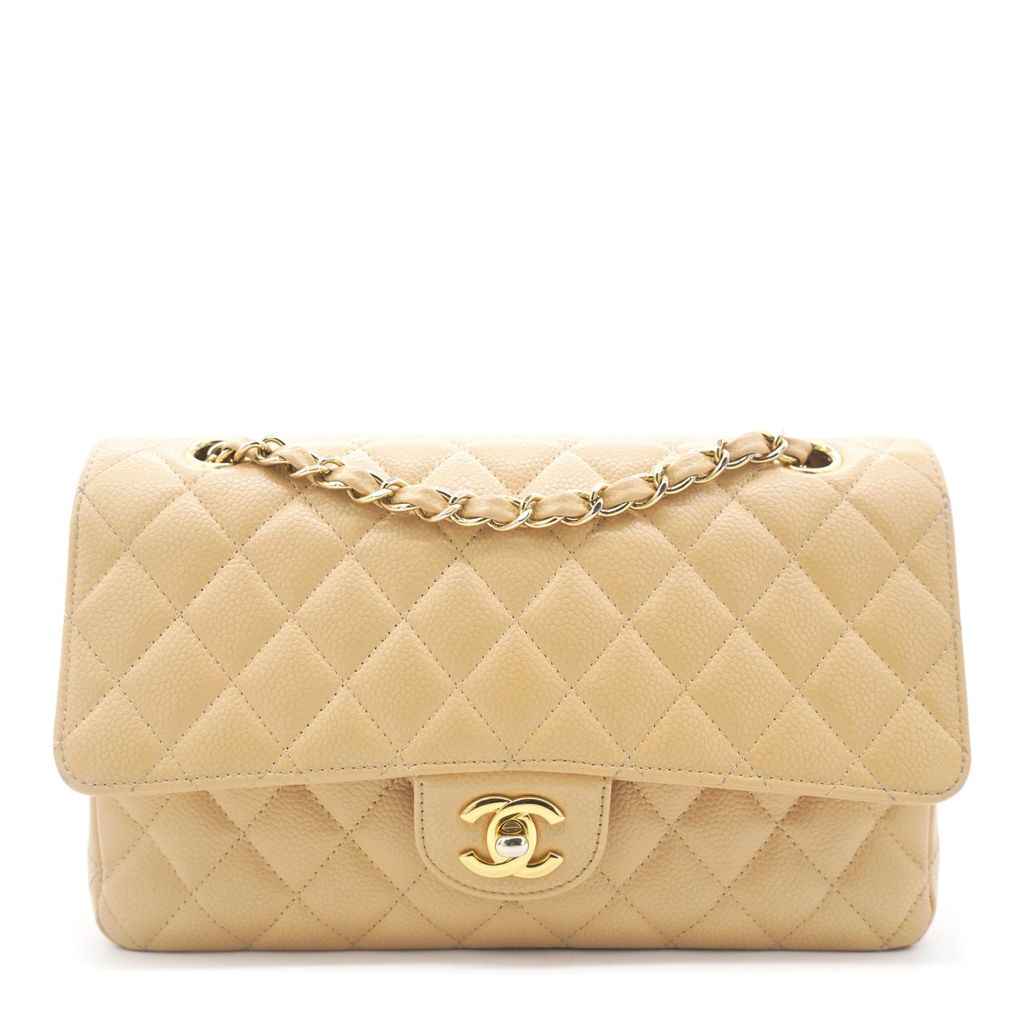 Beige Quilted Caviar Leather Classic Double Flap Bag