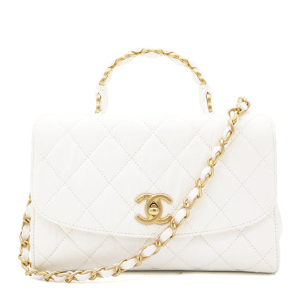 Crumpled Lambskin Quilted CC Links Top Handle Flap White