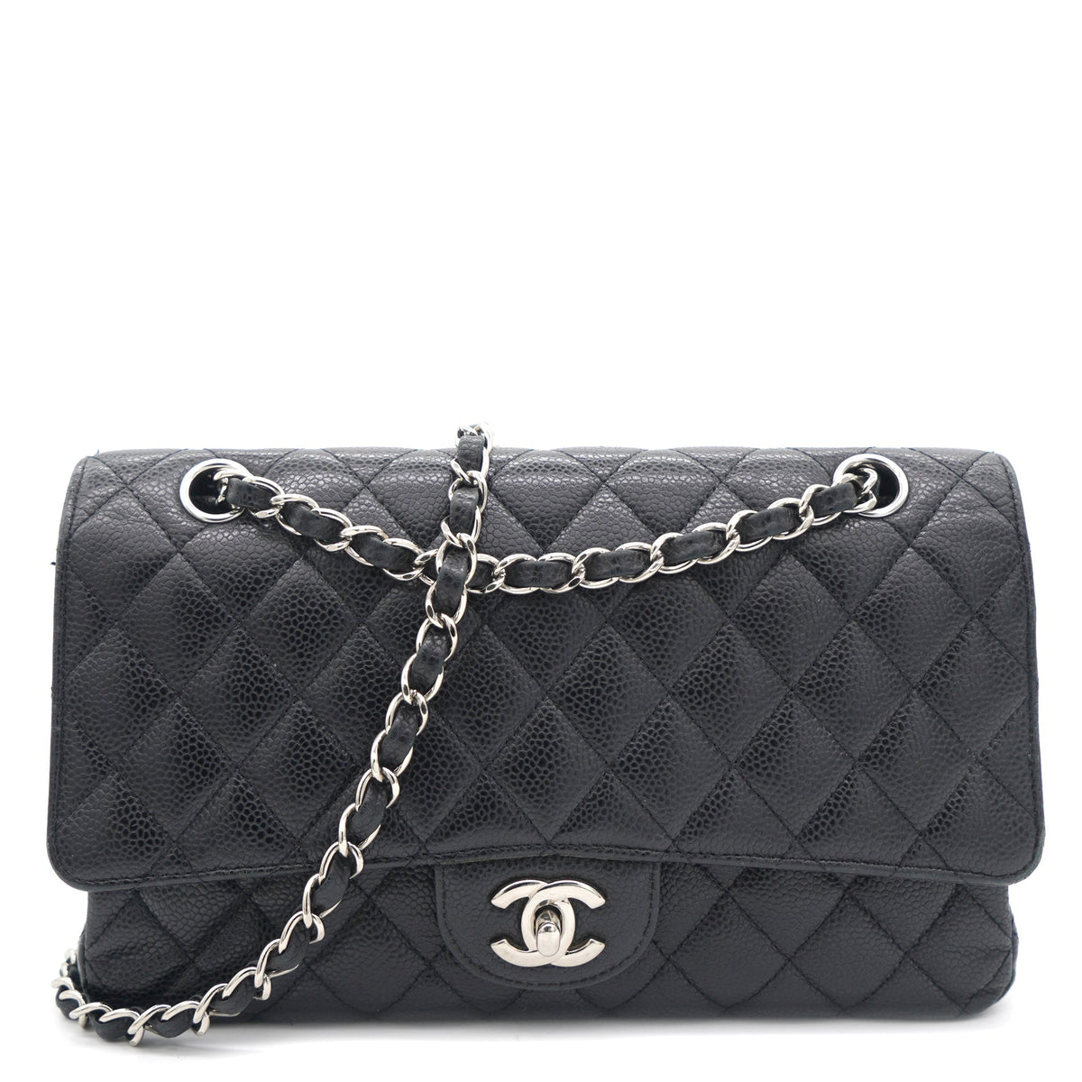 Caviar Quilted Medium Double Flap Black SHW