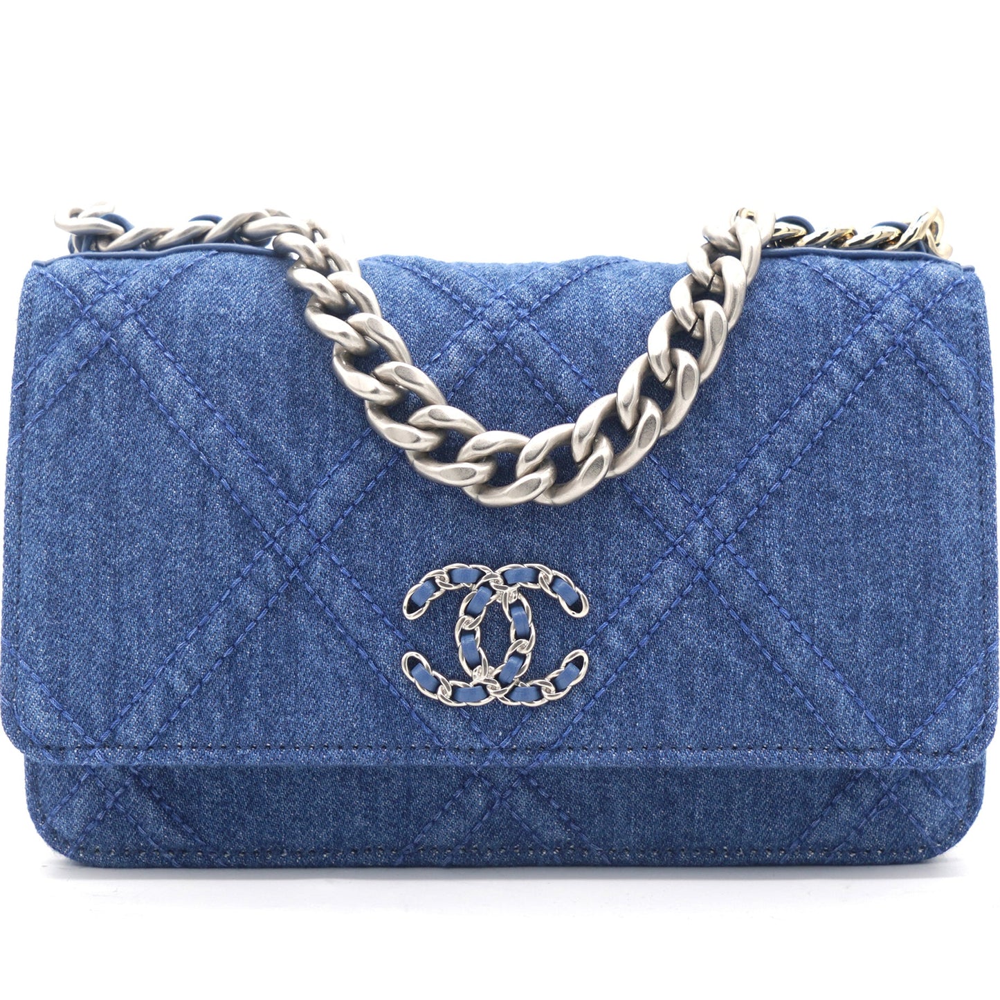 Denim Blue Quilted Wallet On Chain 19