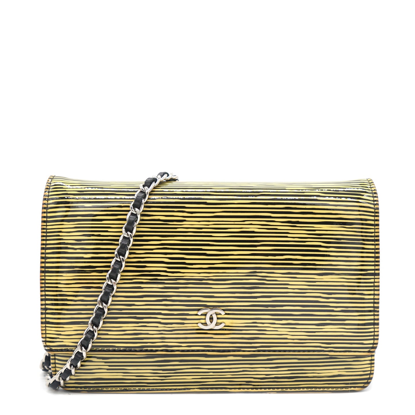 Yellow and Black Patent Calfskin Striped Wallet on Chain