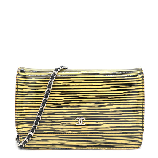 Yellow and Black Patent Calfskin Striped Wallet on Chain