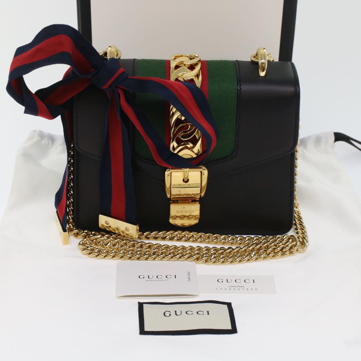 GUCCI Web Sherry Line Chain Silvi Shoulder Bag Leather Black 431666  49437A