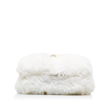 White Chanel CC Crystal Embellished Faux Fur Round Crossbody