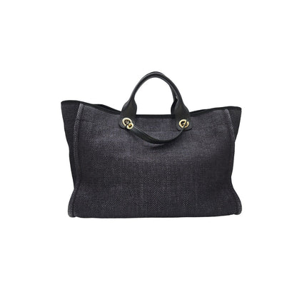 Chanel Woven Straw Raffia Medium Deauville Tote Black