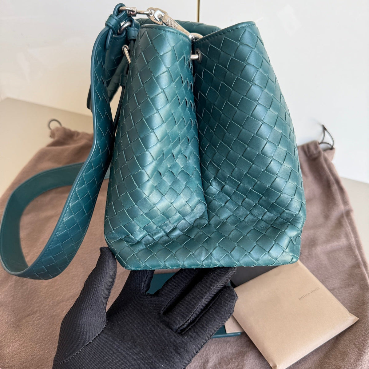 Bottega Veneta Roma Intrecciato Nappa Leather Peacock Green With Strap Small 30cm