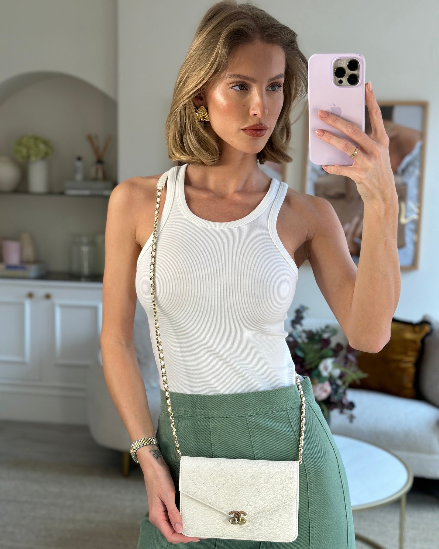 Chanel White Envelope Wallet on Chain Bag in Caviar Leather with Silver Hardware