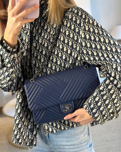 Chanel Navy Jumbo Chevron Quilted Flap Bag in Lambskin Leather with Gun Metal Silver Hardware