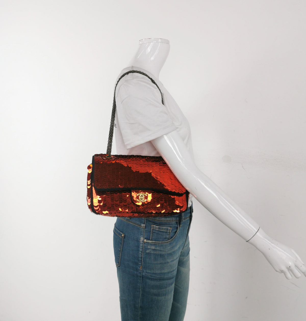 Chanel Paillette Flap Bag Medium Red Glitter Sequins Gold Chain Strap