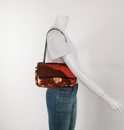 Chanel Paillette Flap Bag Medium Red Glitter Sequins Gold Chain Strap