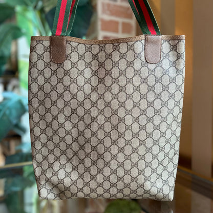 GUCCI Sherry Line Beige Brown GG Supreme Coated Canvas Vintage Web Tote Bag