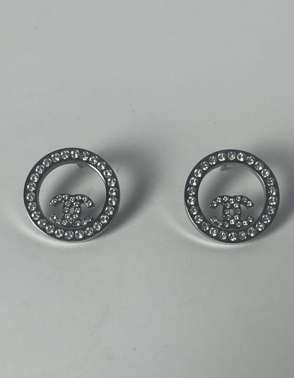 Chanel Silver Crystal Round CC Pierced Earrings