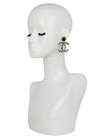 Chanel 2022 Gold/Black Leather Large hanging CC Earrings