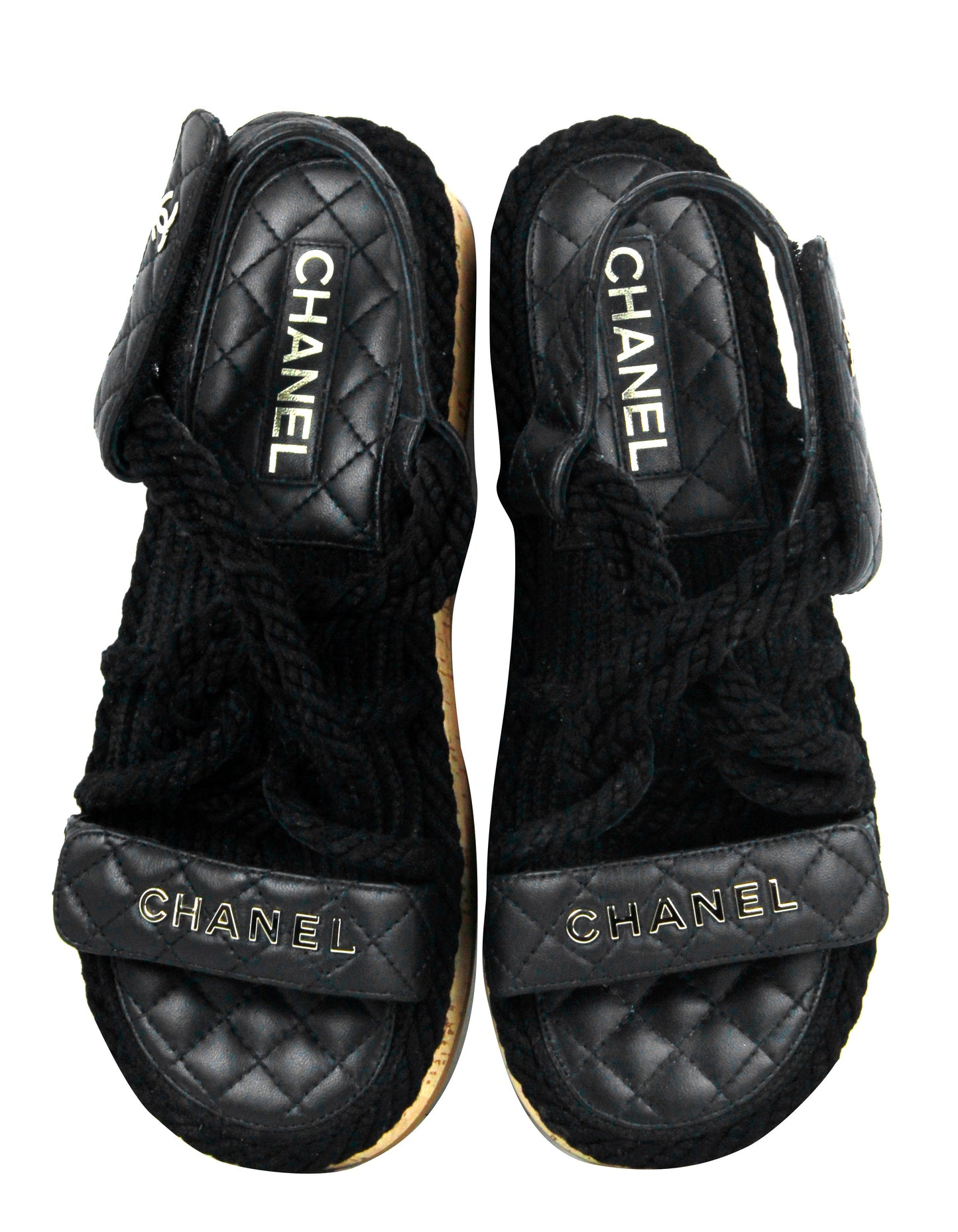 Chanel Black Cord Lambskin Quilted Logo Sandals sz 39