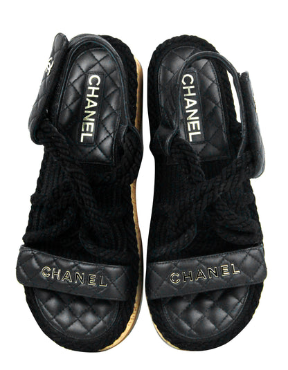 Chanel Black Cord Lambskin Quilted Logo Sandals sz 39