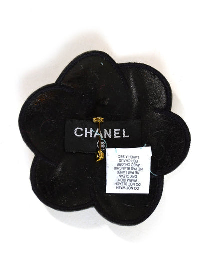 Chanel White/Black Patent Leather CC Camellia Brooch