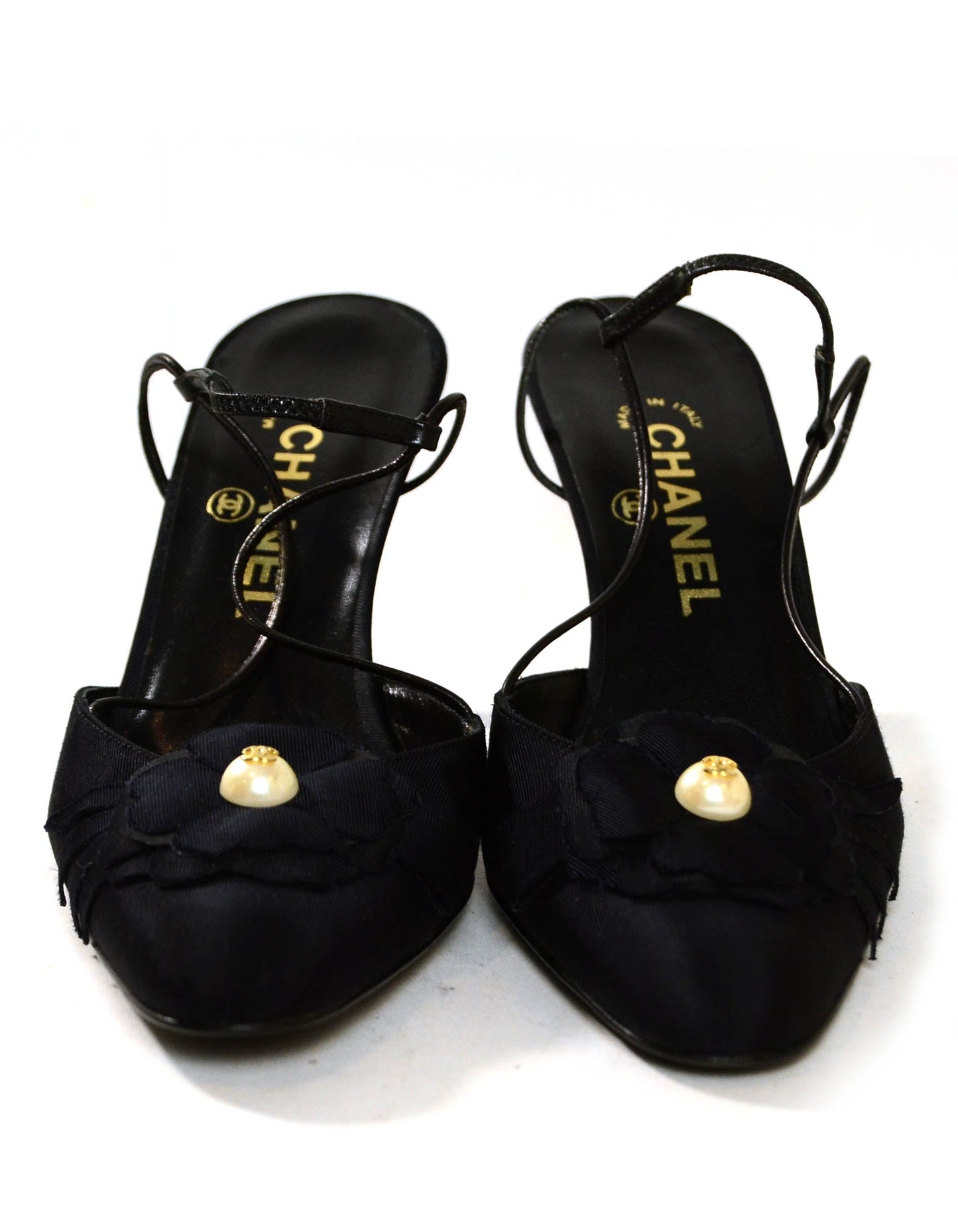Chanel Black Grosgain Slingbacks with CC Pearl Camellia sz 37.5