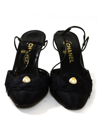 Chanel Black Grosgain Slingbacks with CC Pearl Camellia sz 37.5