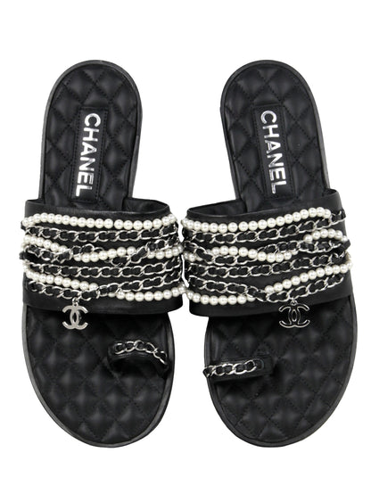 Chanel Pearl and Leather Laced Chain Sandals sz 39C