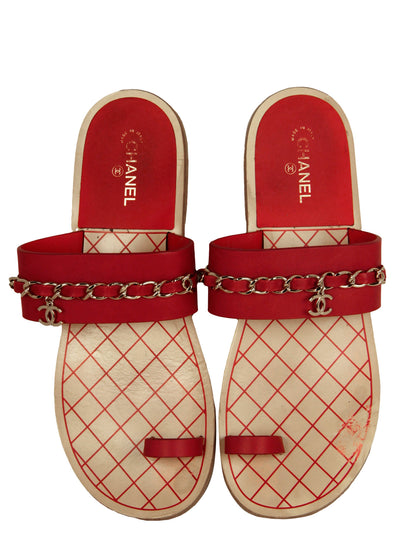 Chanel Red Toe Ring CC Chain Sandals sz 39.5C