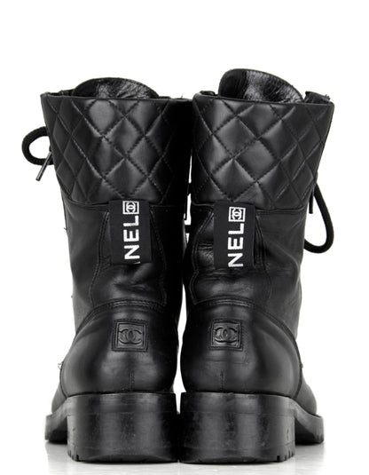 Chanel Vintage Black Leather CC Combat Boots sz 36