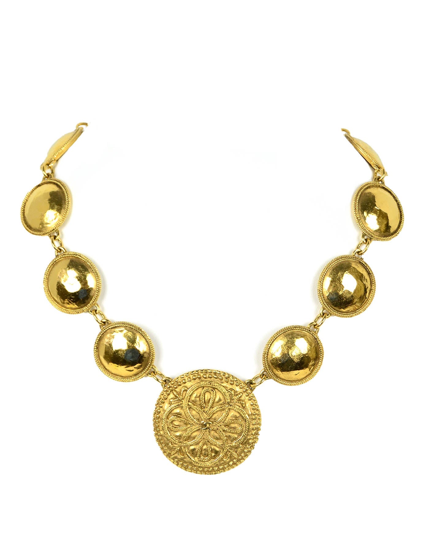 Chanel '80s Vintage Goldtone Hammered Necklace w. CC Pendant