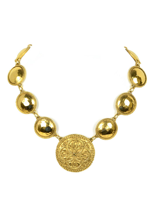 Chanel '80s Vintage Goldtone Hammered Necklace w. CC Pendant