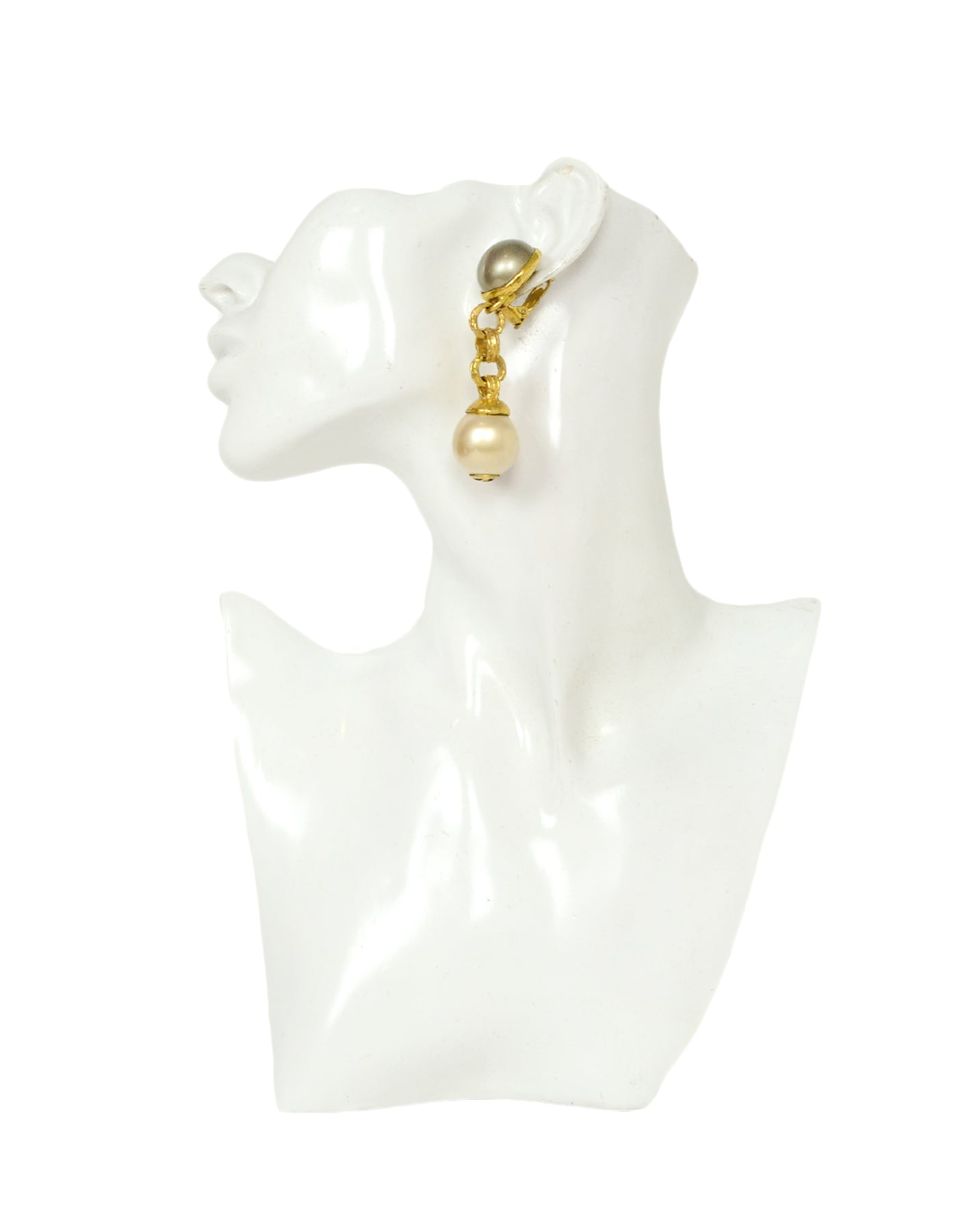 Chanel Grey/Ivory Faux Pearl Goldtone Clip Earrings