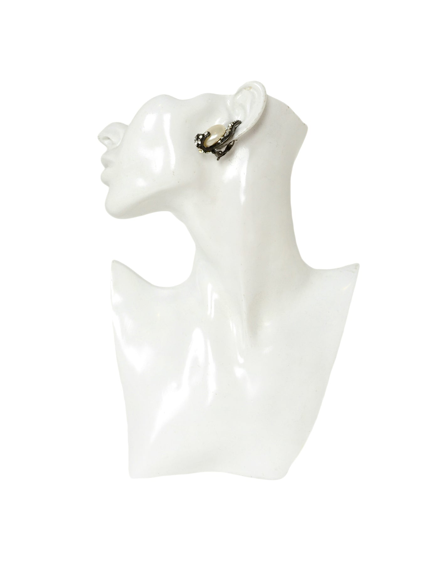 Chanel Vintage Grey Faux Pearl Earrings w/ Strass Crystals