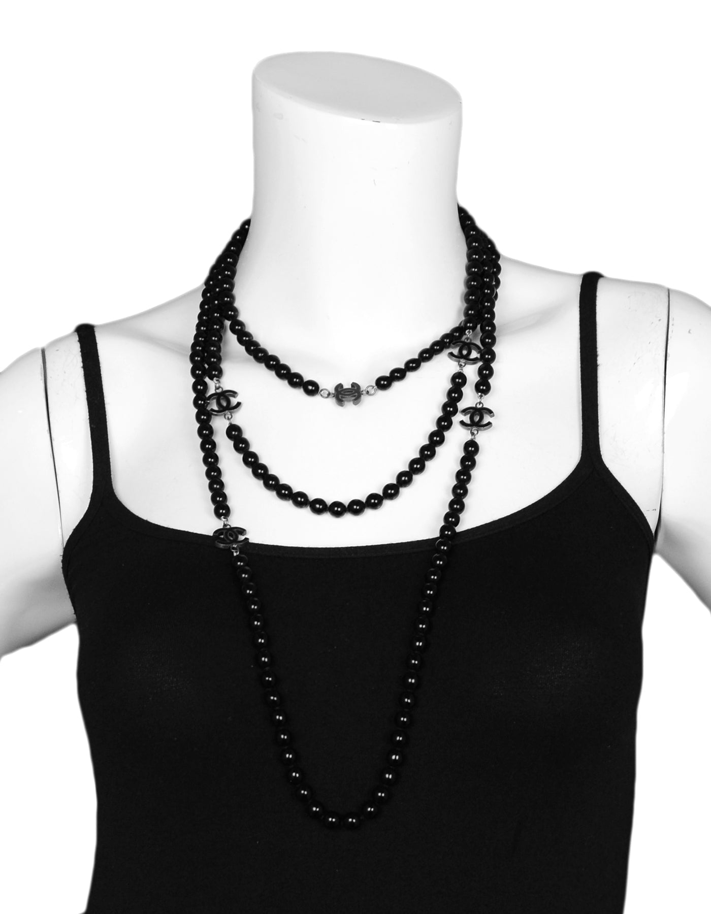 Chanel Black Bead CC Necklace 72"