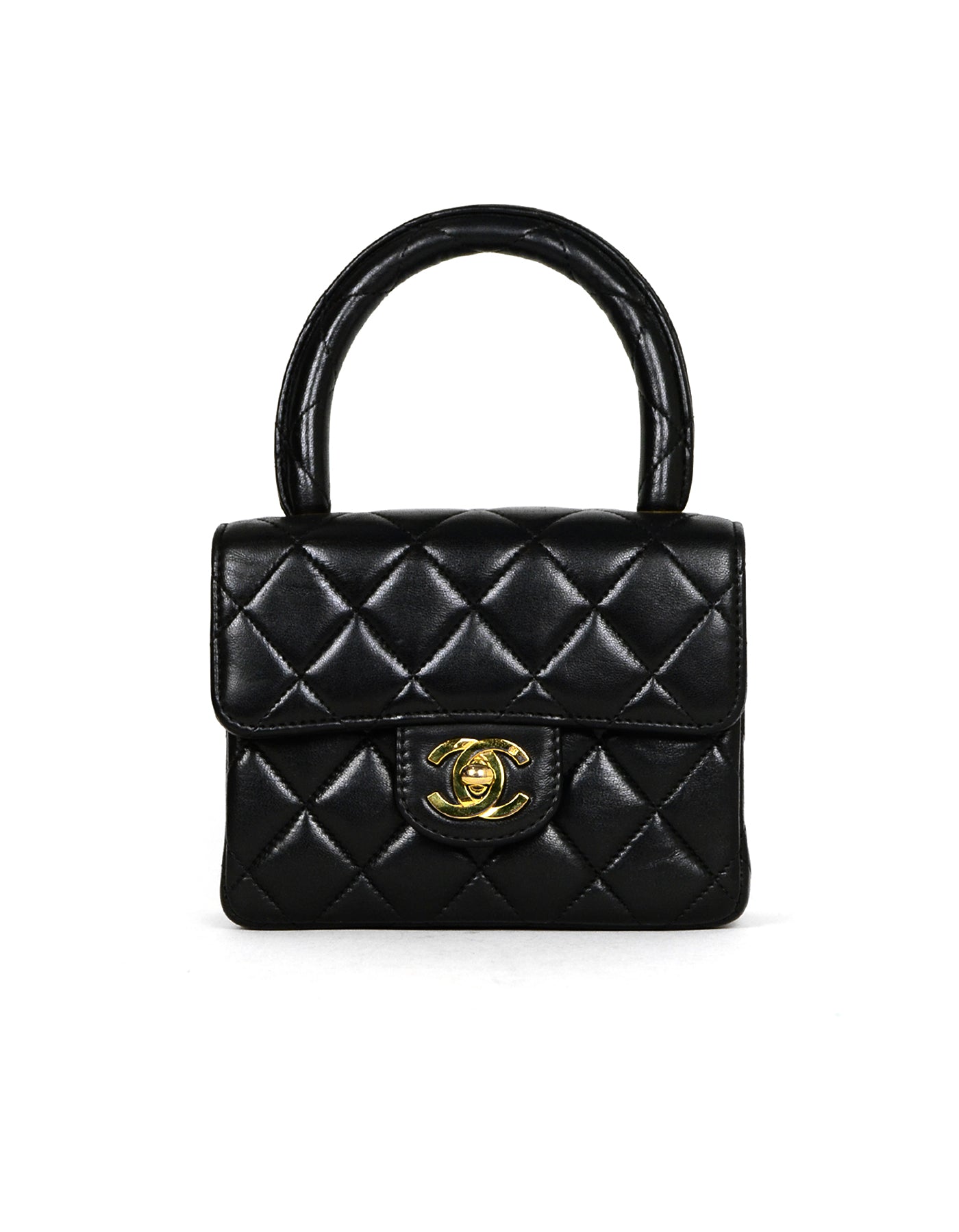 Chanel '90s Vintage Black Lambskin Leather Quilted Micro Mini Kelly Flap Bag