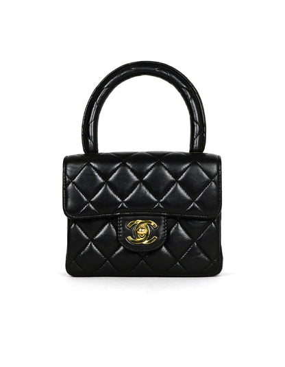 Chanel '90s Vintage Black Lambskin Leather Quilted Micro Mini Kelly Flap Bag