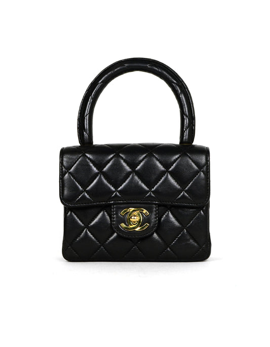Chanel '90s Vintage Black Lambskin Leather Quilted Micro Mini Kelly Flap Bag