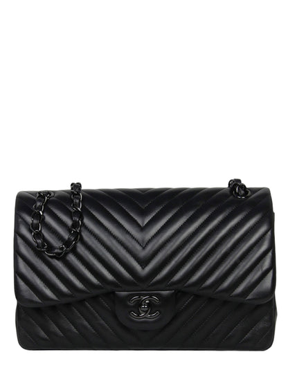 Chanel SO Black Lambskin Chevron Double Flap Jumbo