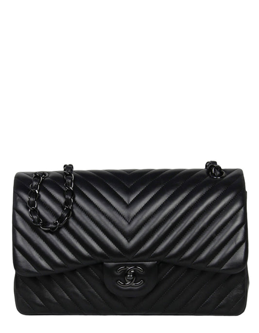 Chanel SO Black Lambskin Chevron Double Flap Jumbo