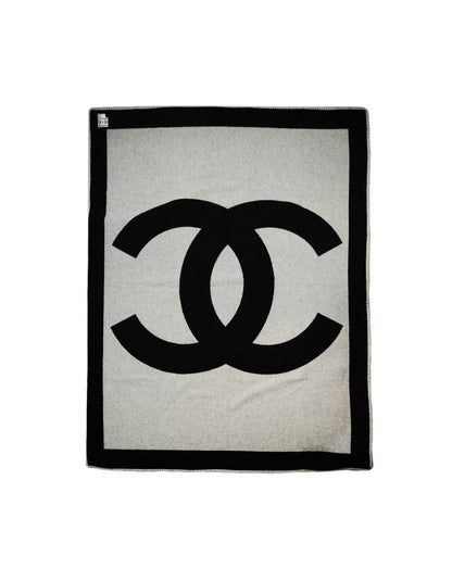 Chanel Black Grey Merino Wool & Cashmere CC Throw Blanket