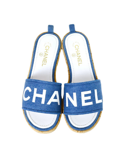 Chanel 2019 Blue Denim Logo Sandal Mules sz 39