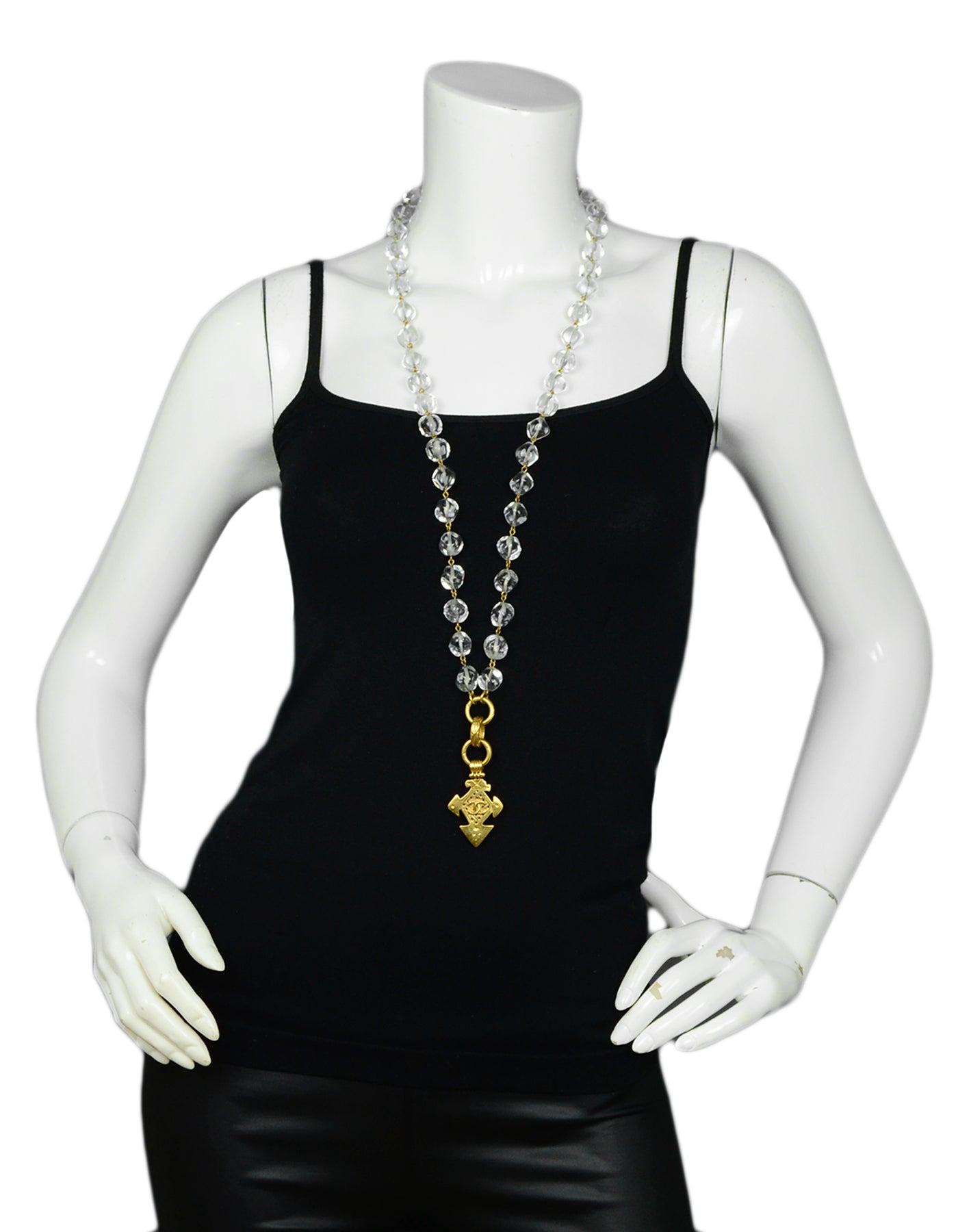 Chanel Vintage Clear Bead Necklace w/ Goldtone CC Pendant