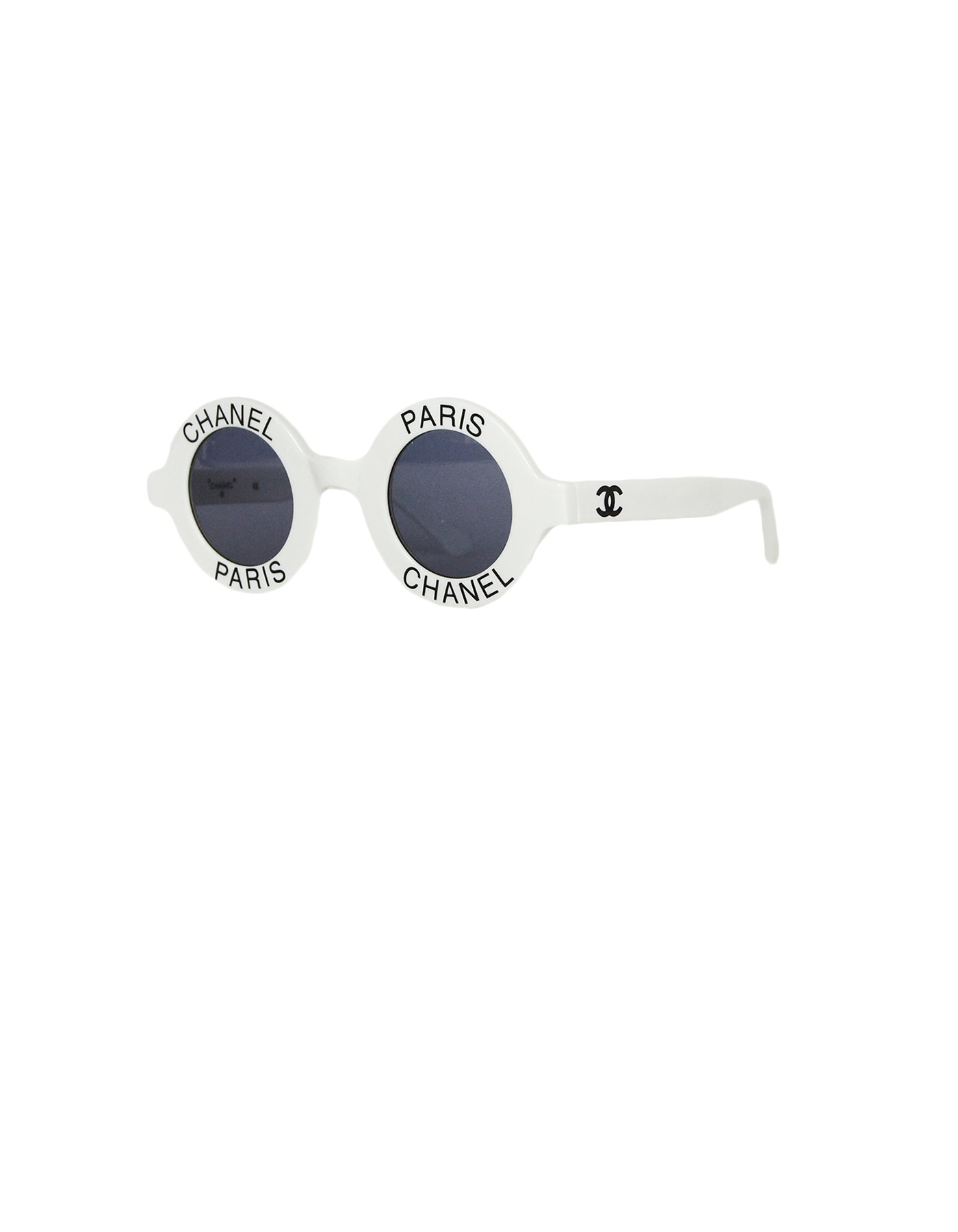 Chanel Vintage '90s White Round Frame Sunglasses w/ Chanel Paris