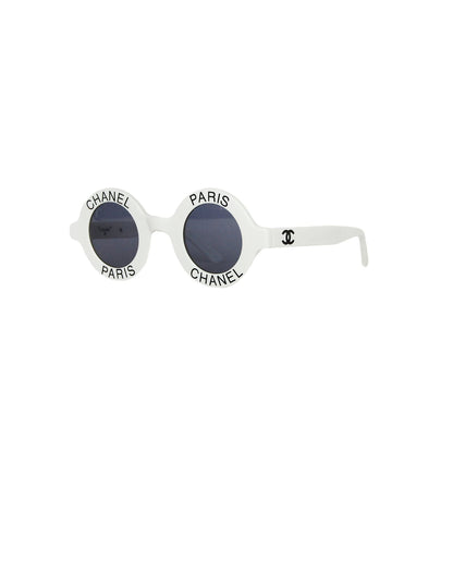 Chanel Vintage '90s White Round Frame Sunglasses w/ Chanel Paris