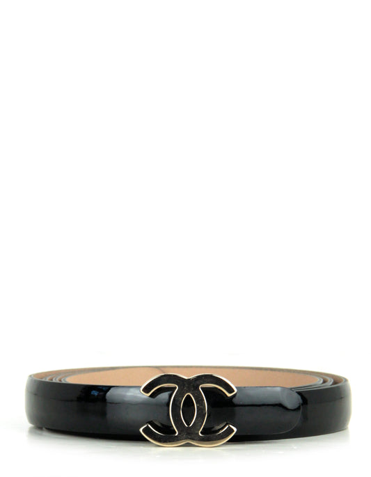 Chanel Black Patent Calfskin Leather CC Logo Skinny Belt sz 90