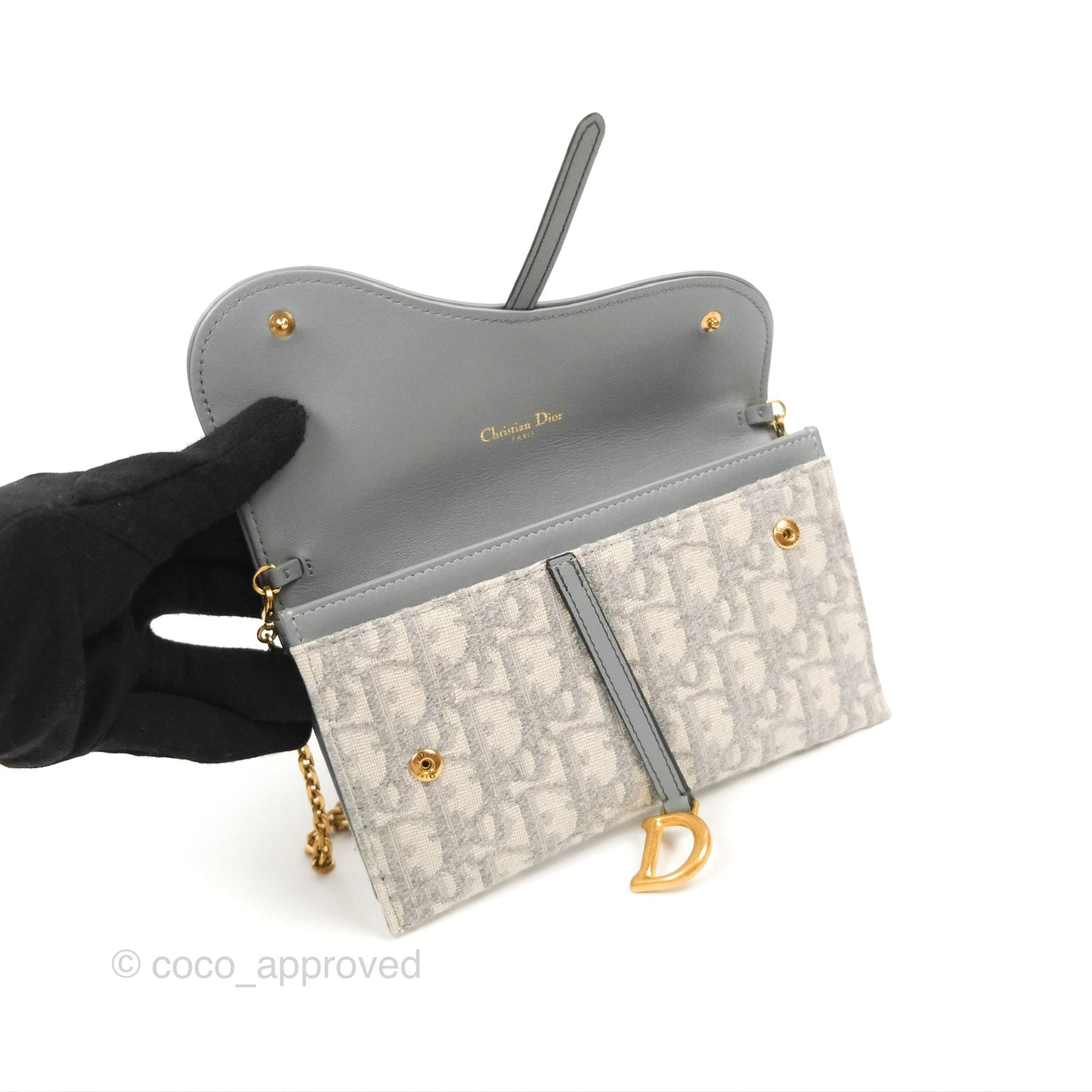 Dior Saddle Wallet On Chain Grey Oblique