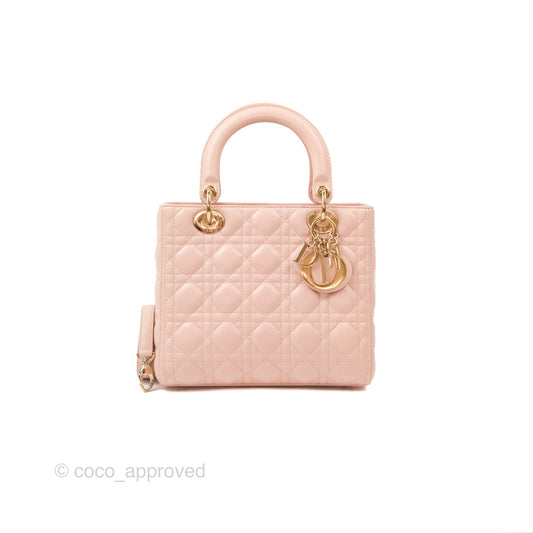 Christian Dior Medium Lady Dior Cannage Light Pink Lambskin Gold Hardware