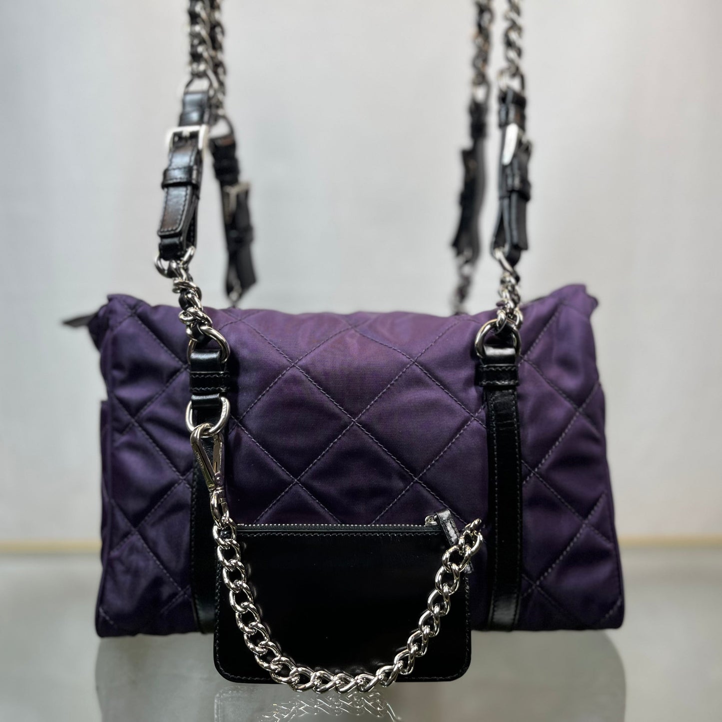 Prada Impunture Purple Tessuto Quilted Chain Shoulder Bags and Wallet