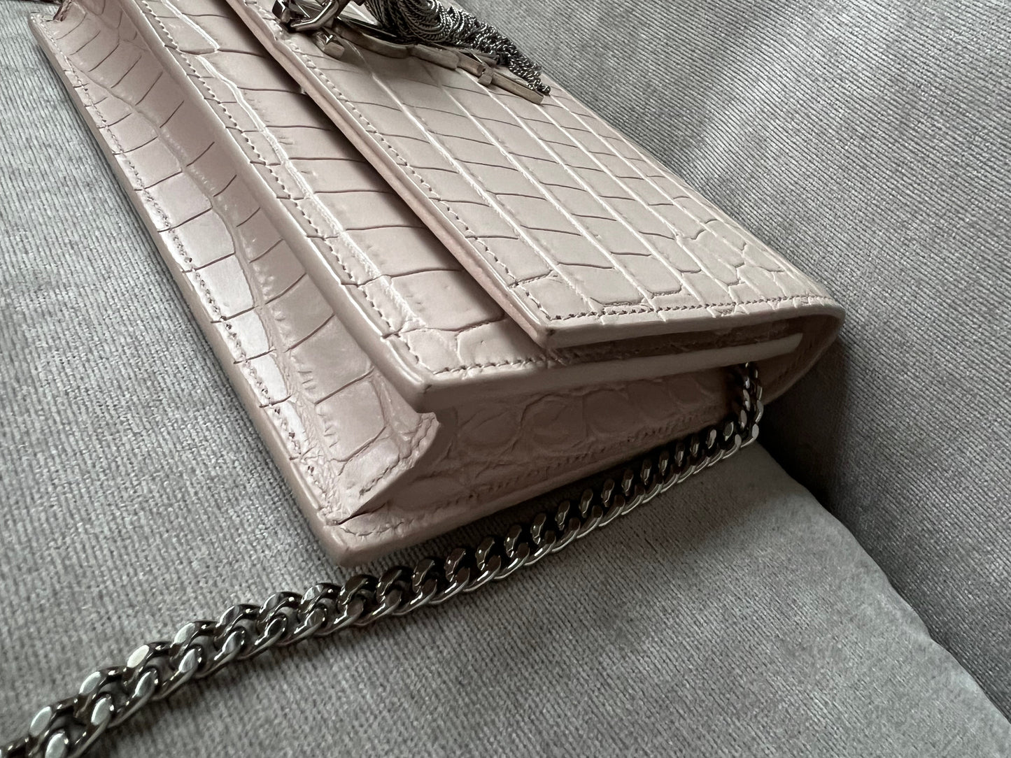 Yves Saint Laurent (YSL) Pale Pink Croc Kate Chain Wallet Silver Hardware