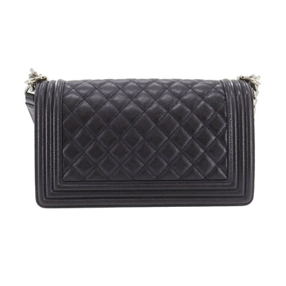 CHANEL  BOY CHANEL Shoulder Bag Black Caviar Skin Leather Vintage #DA572