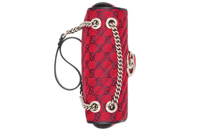 (WMNS) Gucci GG Marmont Silver Label Logo Pattern Colorblock Leather Canvas Chain Shoulder Messenger Bag Small Red / Navy Blue Valentine's Day Limited 443497-2UZCV-6477