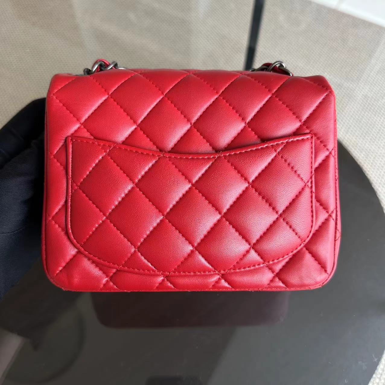 Mini Square Classic Flap Quilted Lambskin Red RSHW No 20