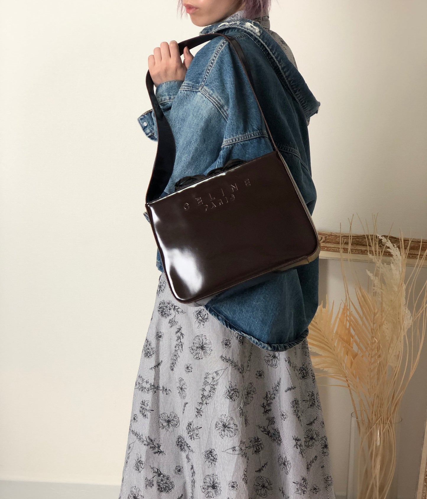 CELINE Logo Embossed Shoulder bag Brown Vintage e4mff8